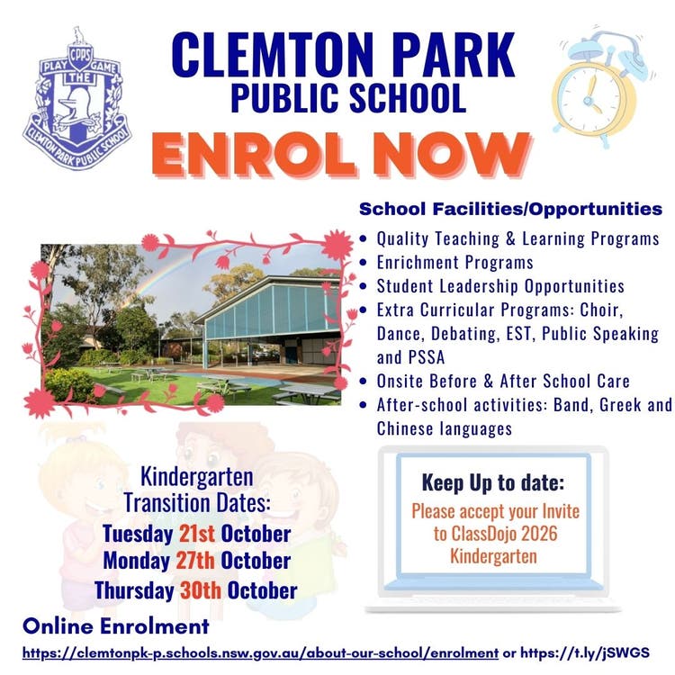 Clemton Park PS kindergarden enrolment poster